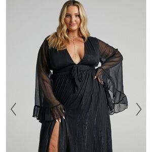 SHOWPO DANGEROUS WOMAN MAXI DRESS - PLUNGE THIGH SPLIT DRESS IN BLACK